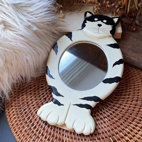 CAT MIRROR Wooden Kitten Hanging Handheld Black & White 12" tall x 7" wide Frame - Picture 1 of 5